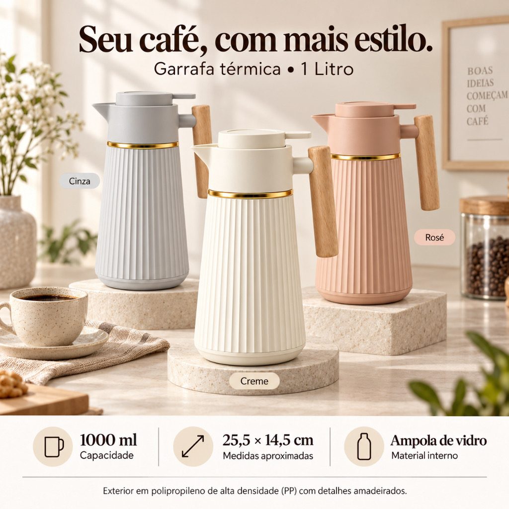 Garrafa térmica nórdica Berlim café 1 litro cabo de madeira luxo — foto 2
