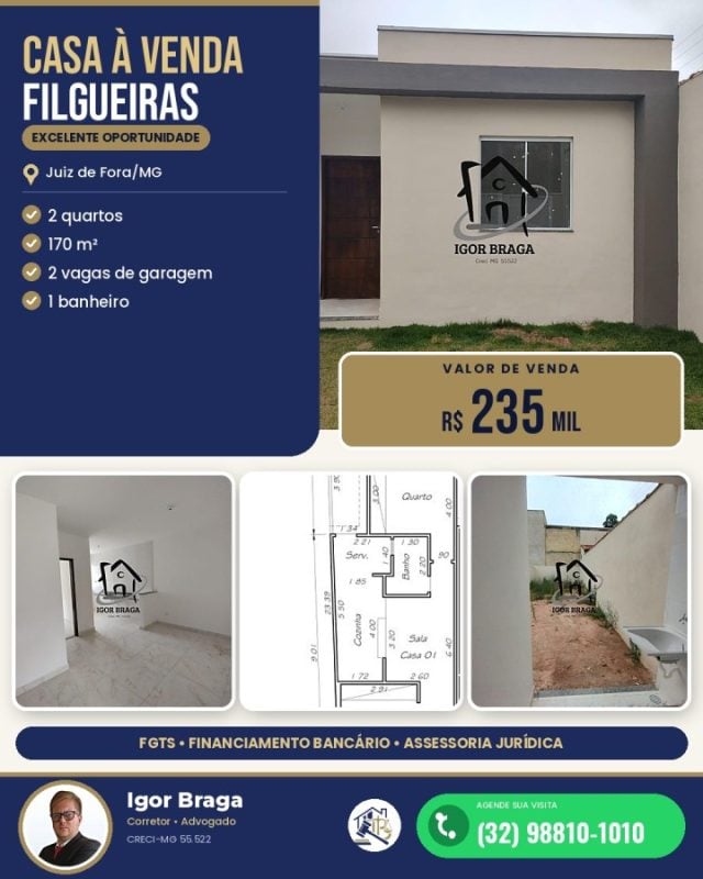 Casa para Venda em Juiz de Fora, Filgueiras, 2 dormitórios, 1 banheiro, 2 vagas