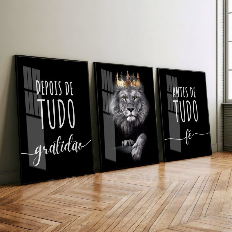 Quadro Decorativo 50x70 Leão Frase Bíblica Conjunto 3 Peças