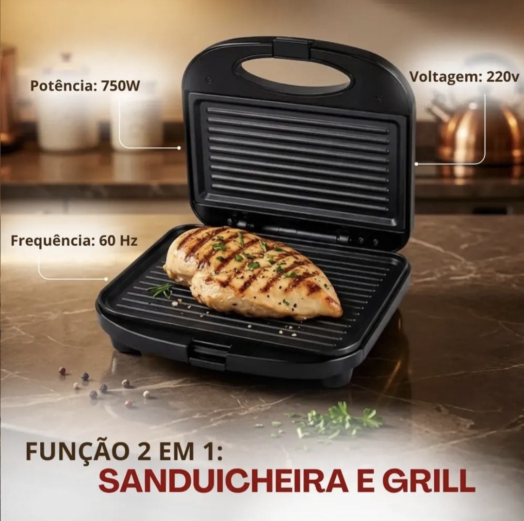 Sanduicheira Elétrica Antiaderente Grill 750w Preto 110/220v — foto 2