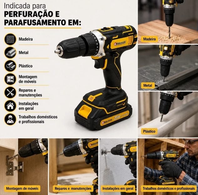 Parafusadeira Furadeira 25V Nakasaki Sem Fio a Bateria Profissional Kit Completo — foto 2