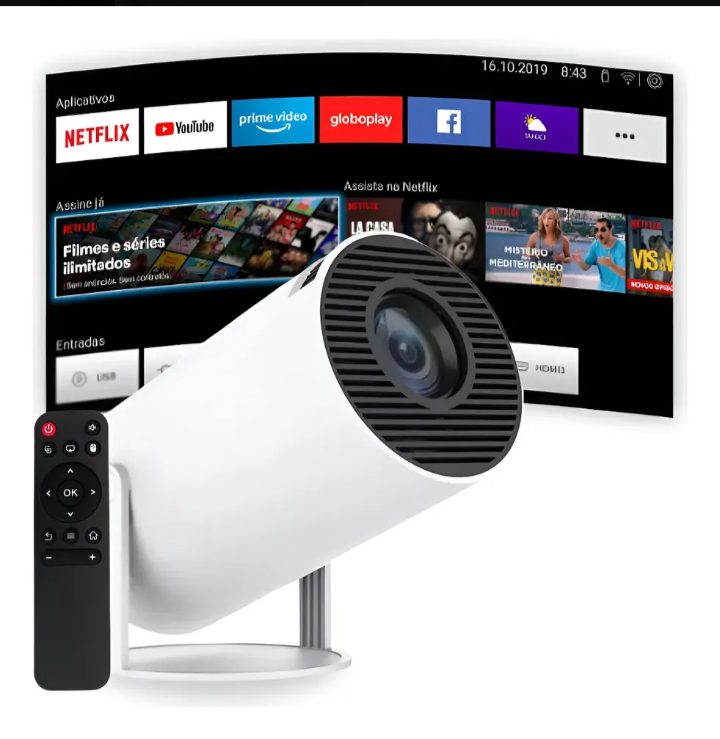 Mini Projetor Smart Wi-Fi Android Full HD Netflix YouTube HDMI USB Controle Remoto