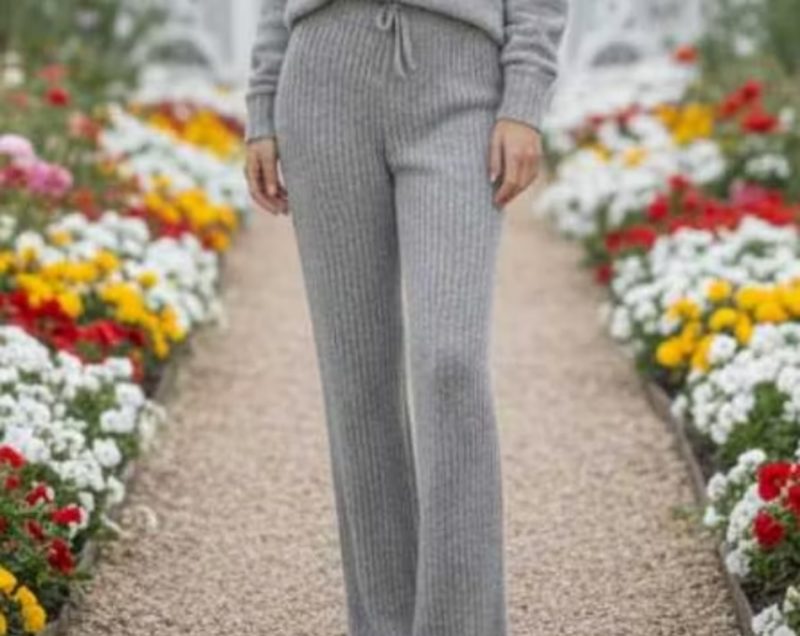 Calça Feminina Wide Leg Pantalona de Mousse Canelada Casual Tricô Tricot