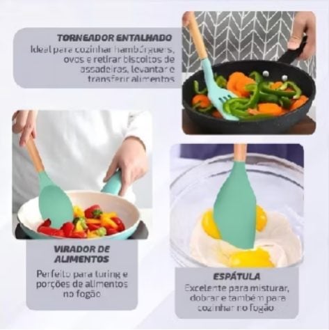 Kit 12 Peças De Utensílios Para Cozinha Em Silicone E Bambu