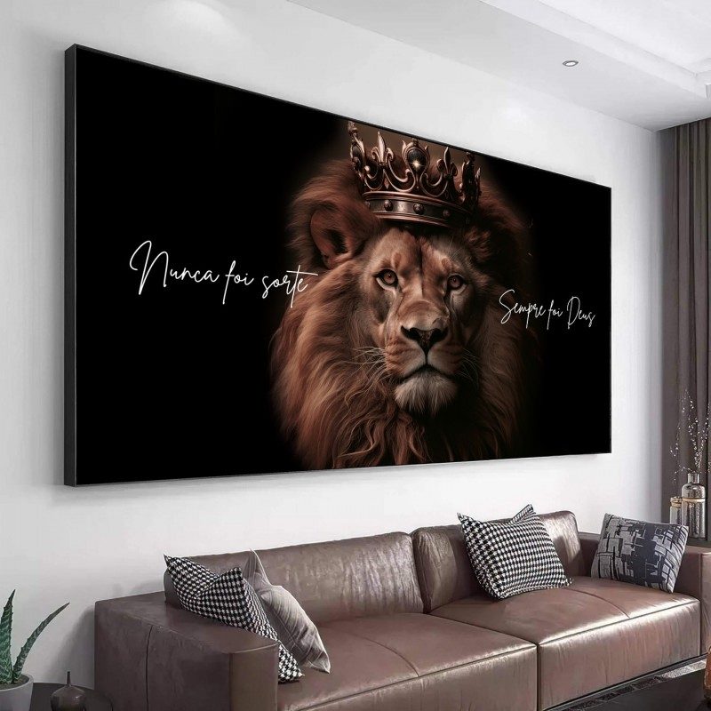Quadro Decorativo Leão Nunca foi Sorte Sempre Foi Deus 100x200 Canvas