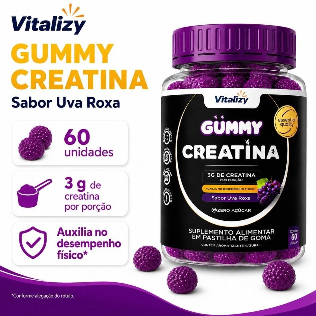 Creatina em Goma Gummy 3g Zero Açúcar 60 Gomas Sabor Uva Roxa Vitalizy — foto 2