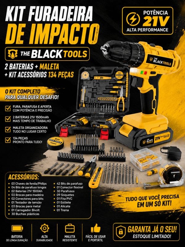 Furadeira Parafusadeira de Impacto 21V The Black Tools + 2 Baterias + Maleta 134 Peças