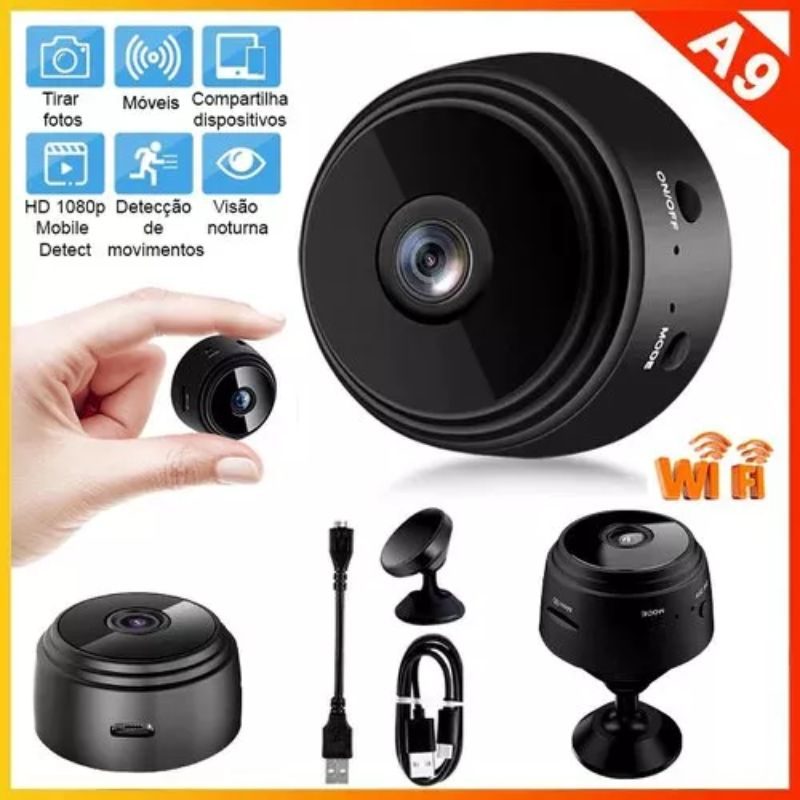 Mini câmera de segurança fixa Espiã A9 Wi fi FullHD 90° com suporte de parede