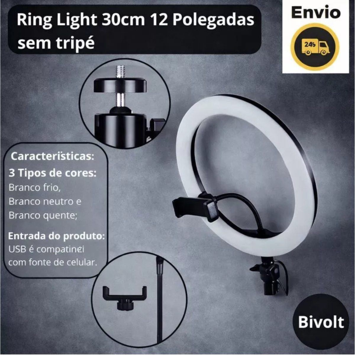 Ring Light Iluminador Anel Luz 30cm 12 Polegadas Tripé 2,1m — foto 2