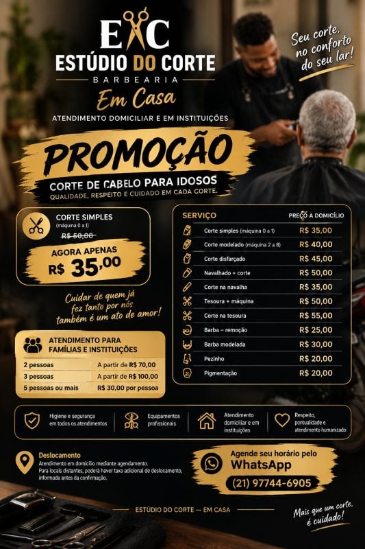 O Estúdio do Corte Em Casa oferece serviços de corte de cabelo e barba a domicílio