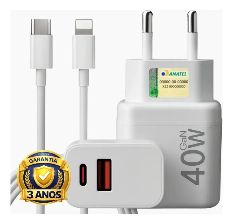 Carregador Turbo 40w Compativel Com iPhone 8 X Xr 11 12 13 14 Pro Max Usb Tipo C DuploCarr