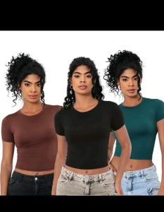 KIT 3 Baby Tee Feminina Blusa Slim Fit Manga Curta Blusa De Compressão Blusa Femina — foto 6