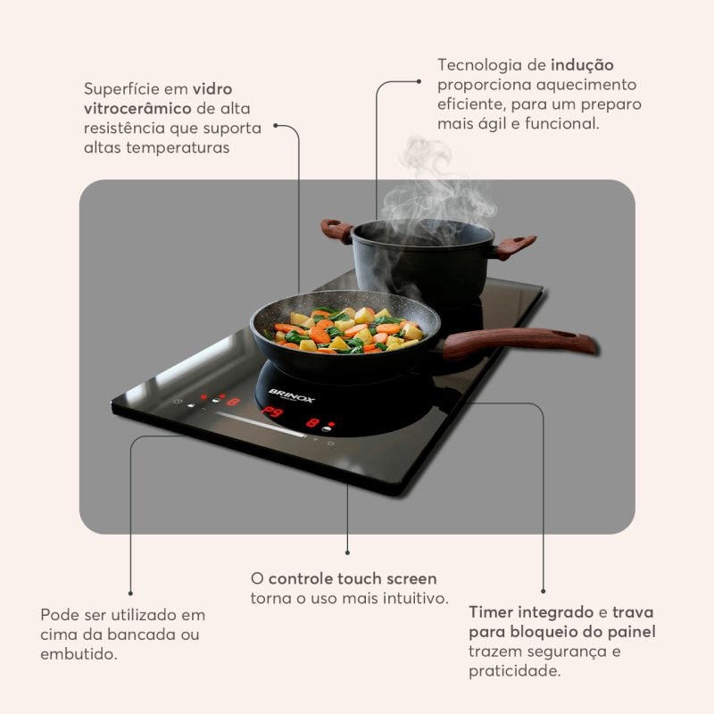 Cooktop de Indução 2 Bocas Brinox Touch Screen 220V Preto