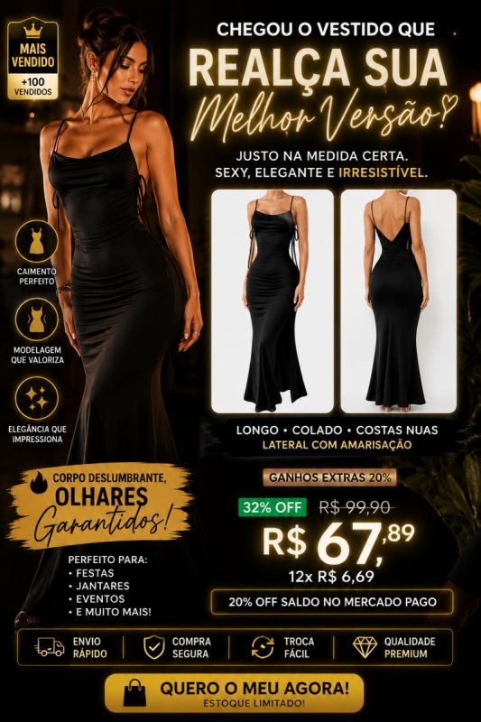  Vestido Longo Preto Costas Nuas Elegância que Impressiona! 