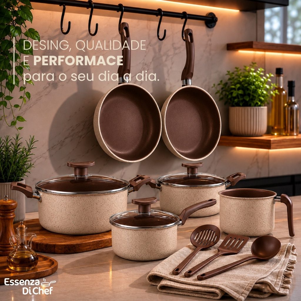 Conjunto de Panelas 10 Peças Alumínio Antiaderente Cappuccino Com Utensílios e Tampa de V — foto 2