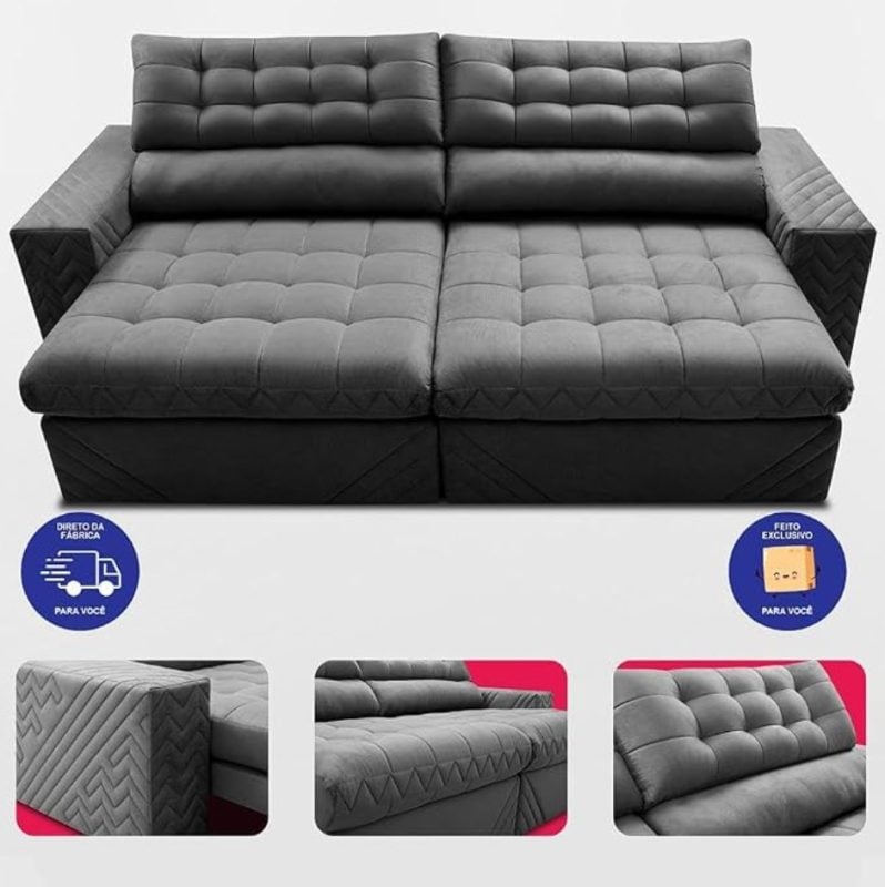 Sofá Retrátil e Reclinável 3,00m Molas Ensacadas Max Spring Velusoft Cinza
