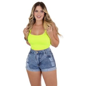 Short Jeans Feminino Soft Chuviscado Cós Alto Barra Dobrada — foto 5
