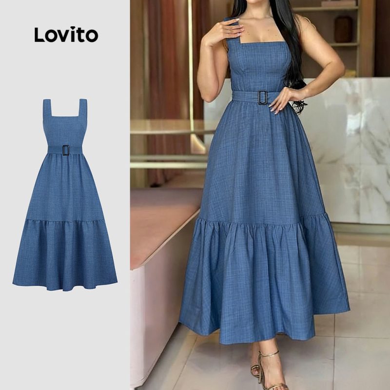 Lovito Elegante Vestido com Zíper e Cinto Barra com Babado Vestido Azul Primavera/verão p