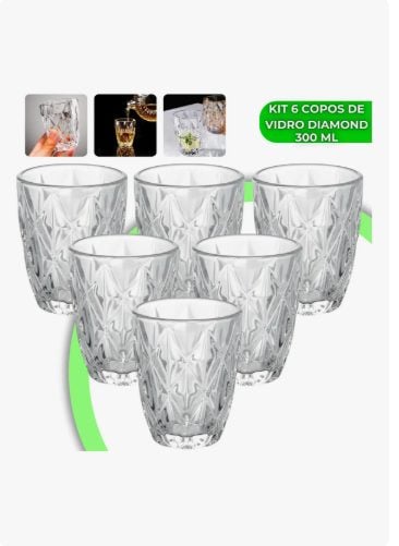 Jogo 6 Copos Diamond 300ml Vidro Grosso Diamante Luxo Moderno Resistente Buffet Casual Bai