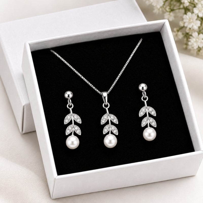 Conjunto prateado zircônia e pérola