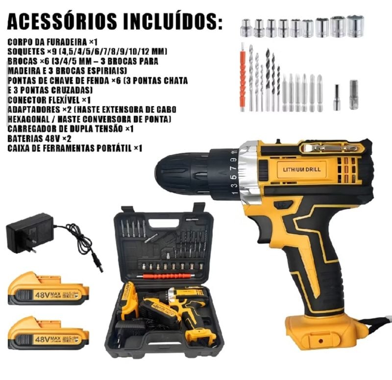 Parafusadeira e furadeira 48V íon-litio, kit duas baterias, maleta resistente e acessórios