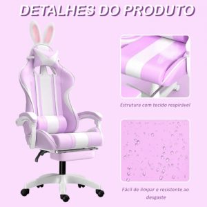 Cadeira Gamer Python Fly Lilás Rosa com Orelhinhas de Coelho Reclinável — foto 5