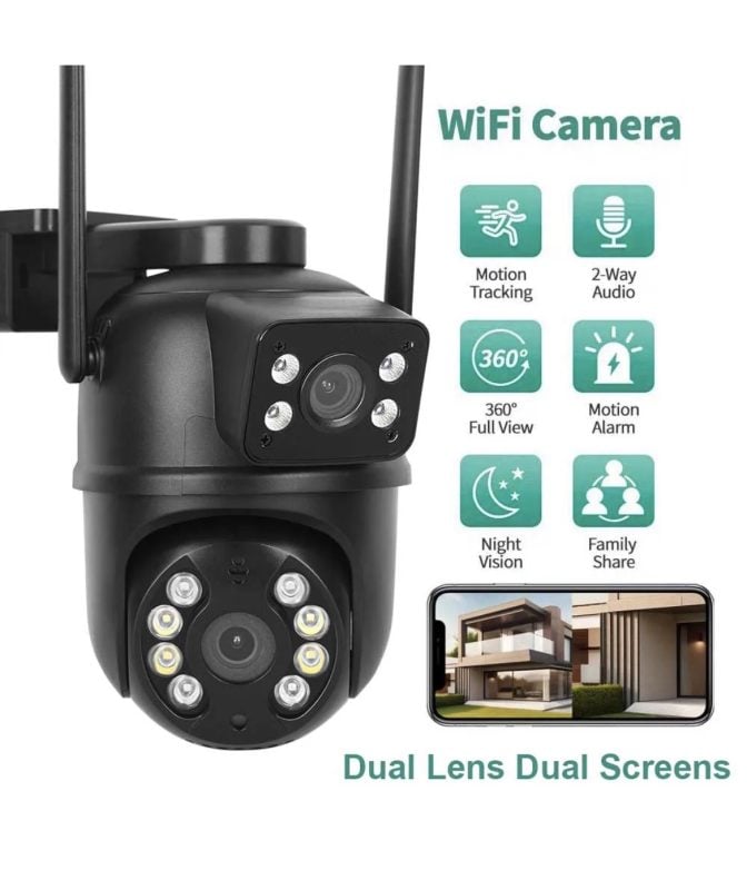 Câmera de Segurança Wi-Fi Externa 8MP 4K PTZ com Lente Dupla, Tela Dupla, Detecção Humana