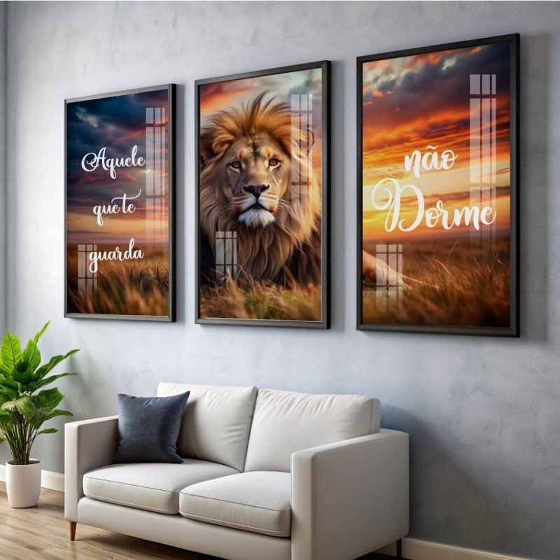 Quadro Decorativo 50x70 Leão Frase Bíblica Conjunto 3 Peças — foto 2