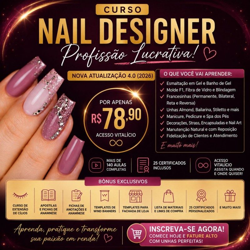 Transforme sua paixão por unhas em uma renda real com o método nail designer 4.0