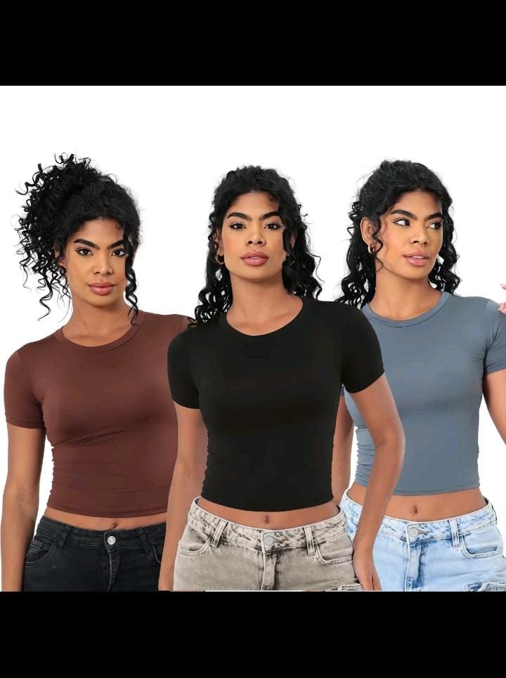 KIT 3 Baby Tee Feminina Blusa Slim Fit Manga Curta Blusa De Compressão Blusa Femina — foto 2