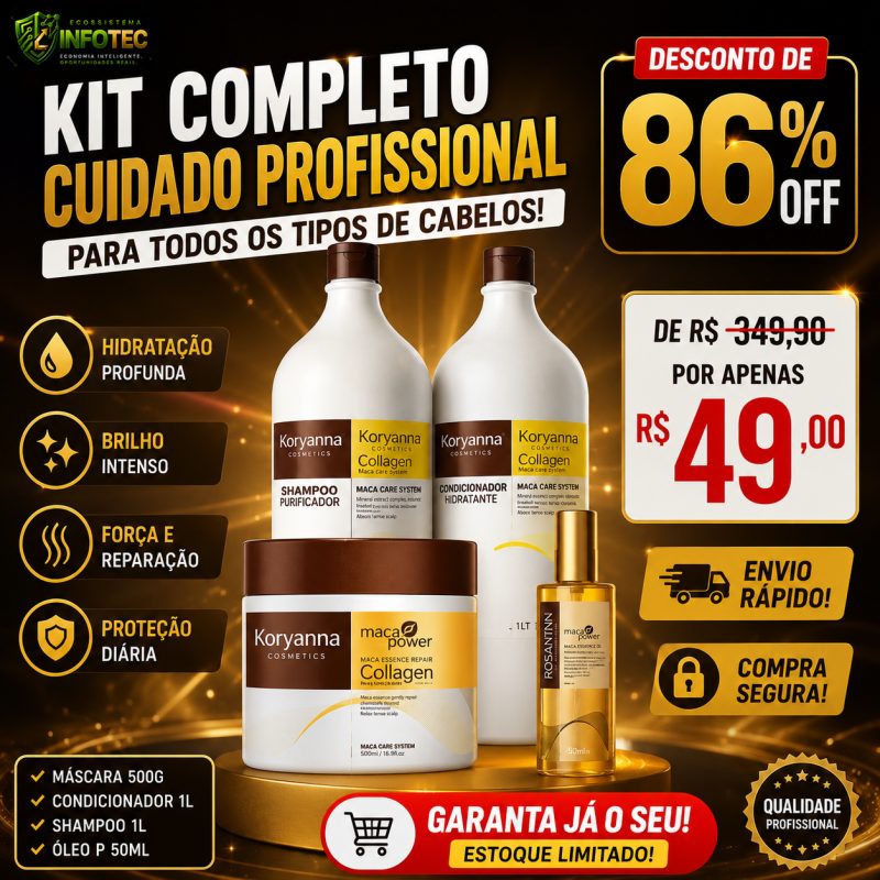 Kit Completo Cuidados Capilares, Máscara + Shampoo + Condicionador + Óleo Capilar