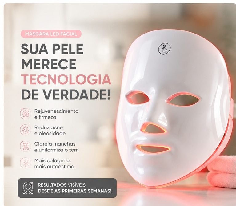 **Máscara Facial LED com 7 Cores Fototerapia para Rejuvenescimento, Clareamento e Poros