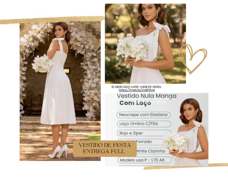 Vestido Midi Nula Manga Noiva Off White Laco Elegante Festa