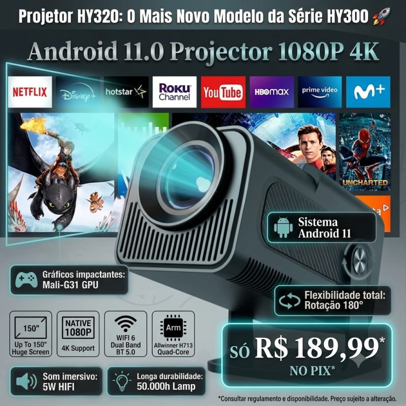 Projetor Smart HY320/HY300 Android Full HD 1920x1080 Bluetooth Wi-fi