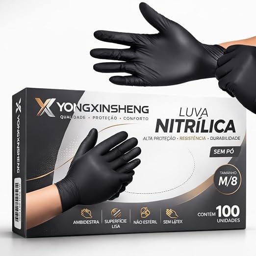 Luva Nitrílica Preta Premium - Sem Pó e Antiderrapante (100 Unidades)