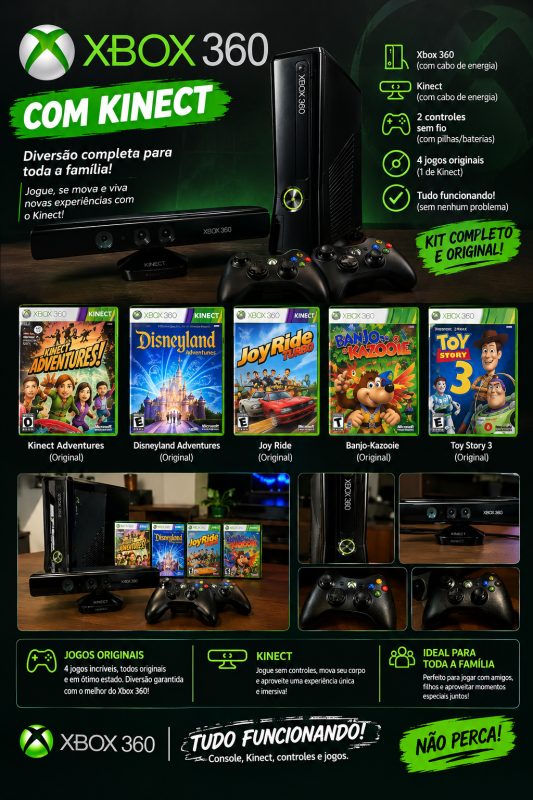 Xbox 360 Slim + Kinect + 2 controles originais + Jogos originais