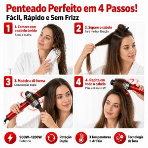 Secador de Cabelo e Escova Modeladora 2 em 1 110V 1200W Ar Frio Morno Quente Íons Negativo — foto 7
