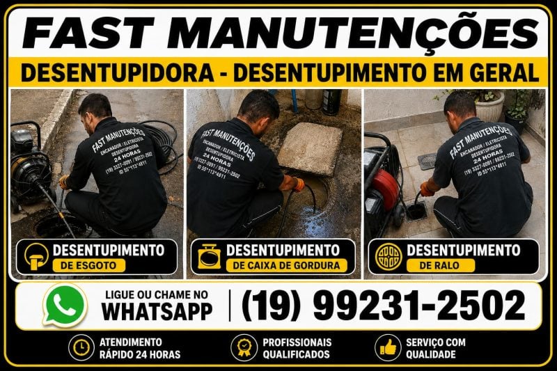 Desentupidora em Campinas 19-99231-2502 Fast Manutenções em Campinas