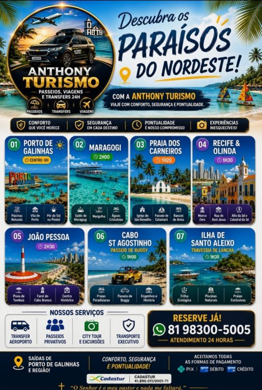 Transfer e Passeios turísticos saindo de Porto de Galinhas