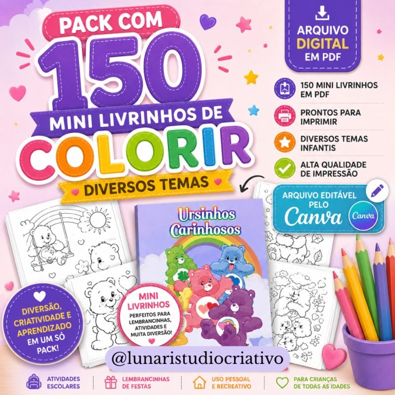 Pack 150 Mini Livrinhos de Colorir PDF Editável Canva Digital