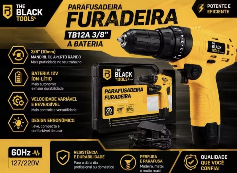 Parafusadeira e Furadeira a Bateria The Black Tools TB12A 12V 3/8" (10mm) com Bateria de