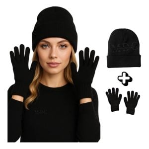 Kit Touca e Luva Preta Lisa Feminina e Masculino Perfeito para Criança e Adulto o Inverno — foto 5