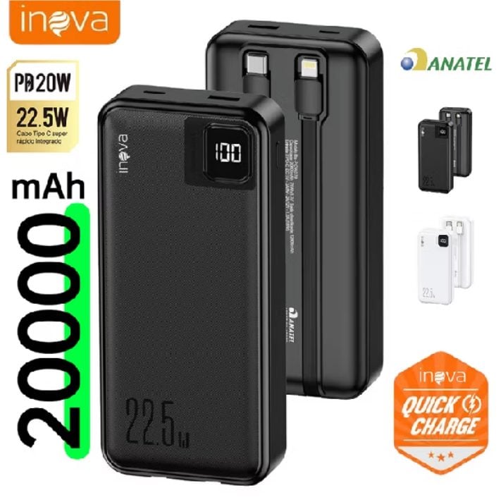 Energia onde vc estiver! Power Bank 20.000mah carga rápida- já com cabos C+Lightning