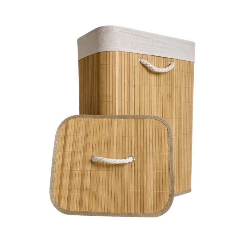 Cesto De Roupa Bambu Retangular 72L Com Tampa E Forro Linho