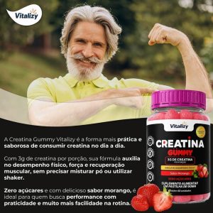 Creatina em Goma Gummy 3g Zero Açúcar 60 Gomas Sabor Morango Vitalizy — foto 4