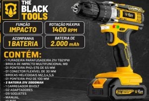 Parafusadeira Furadeira De Impacto The Black Tools Profissional TB-21PX 2 Baterias Com Mal — foto 5