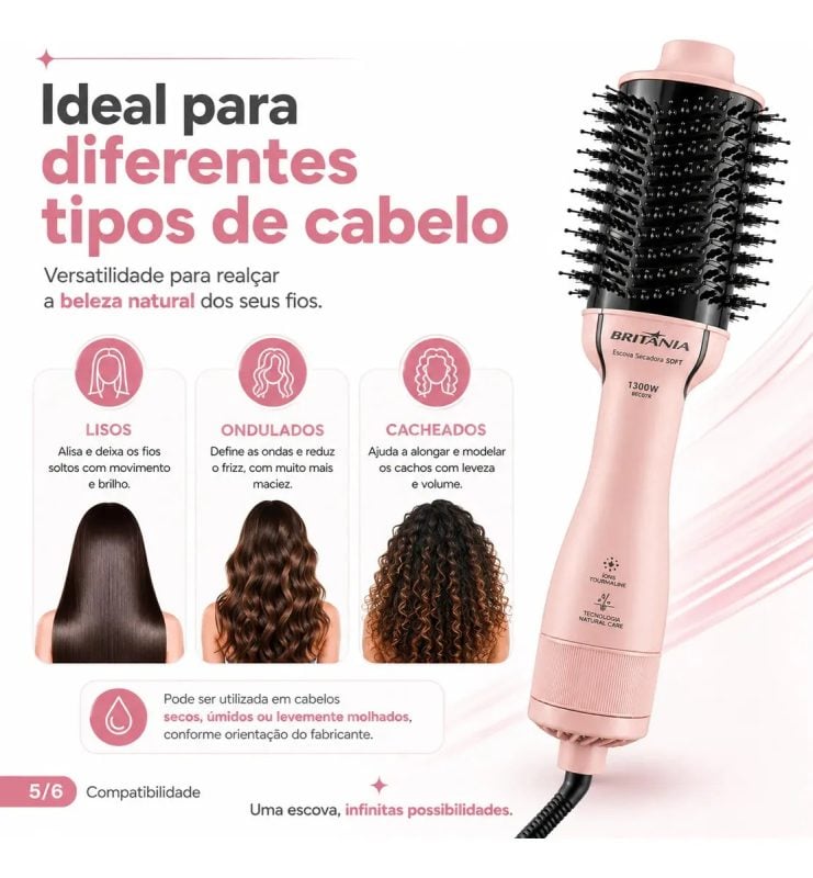 Escova Secadora E Modeladora Britânia 4 EM 1 ANTI FRIZZ BRILHO E MACIEZ BEC07R 1300W 127V