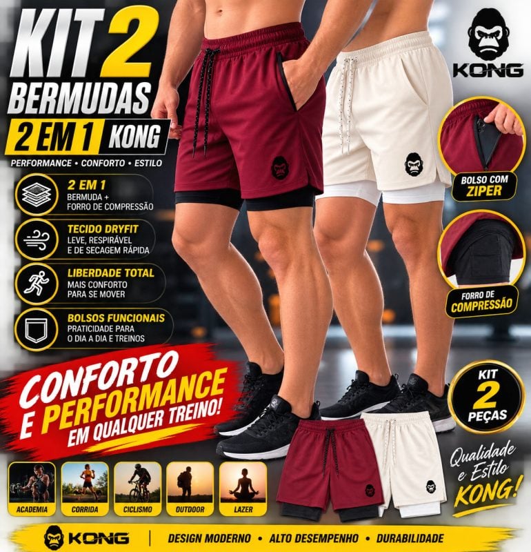 Kit 2 Bermudas Masculinas 2 em 1 KONG Conforto, Estilo e Performance