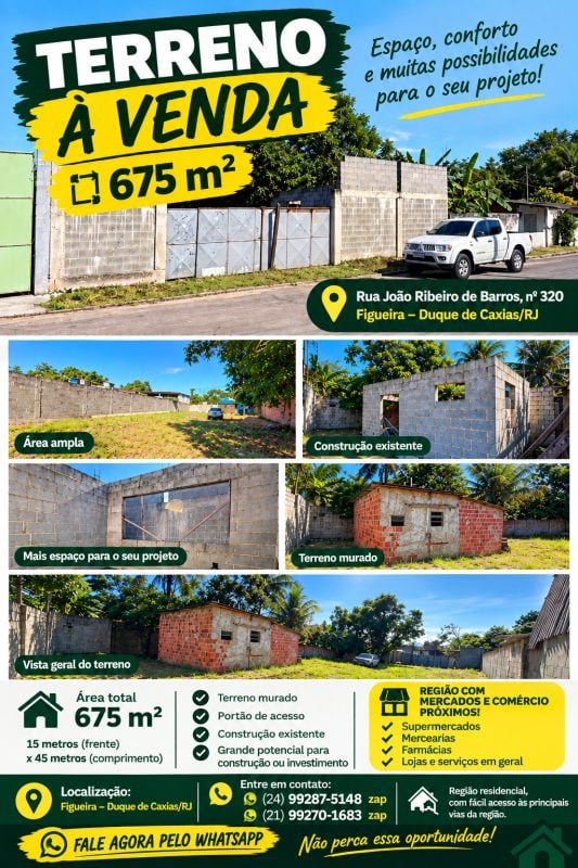Terreno 675 m² à venda em Figueira Duque de Caxias 15 x 45 m Direto com proprietário