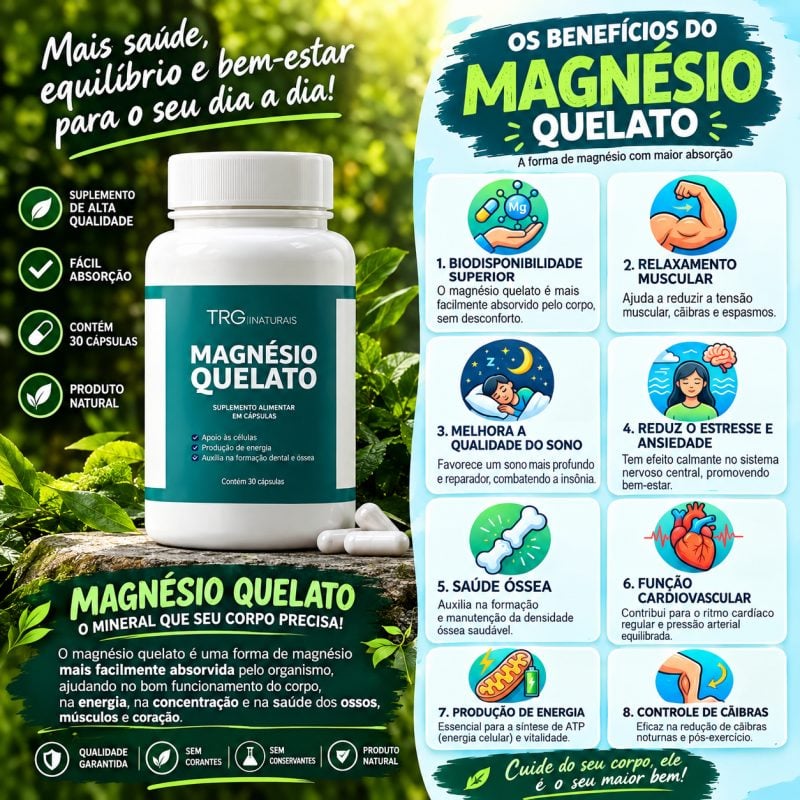 Magnésio Quelato: Saúde e Bem-Estar 1 Pote 30 Cápsulas